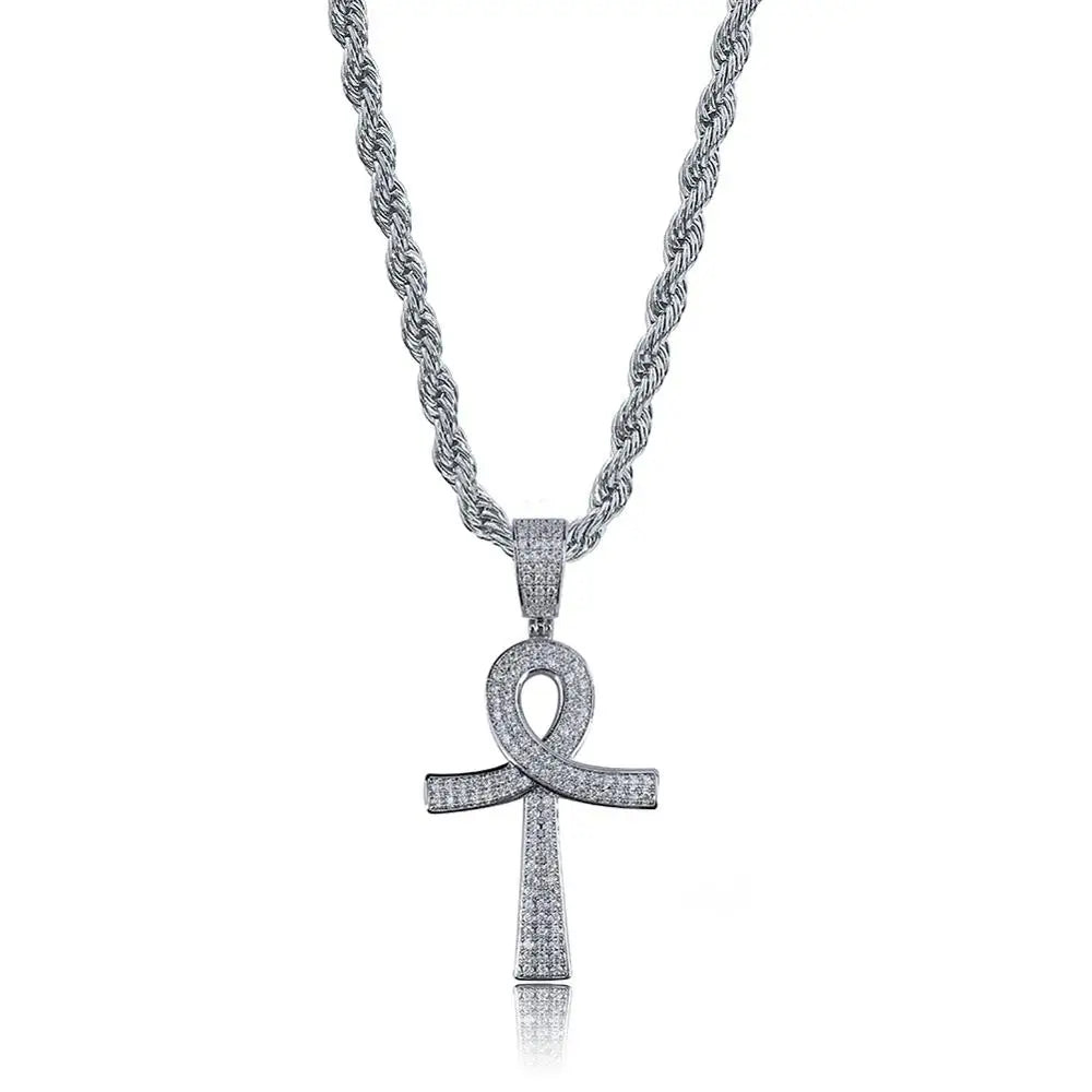 Collier pendentif Croix de Vie Ankh zircon argent chaîne corde 60 cm