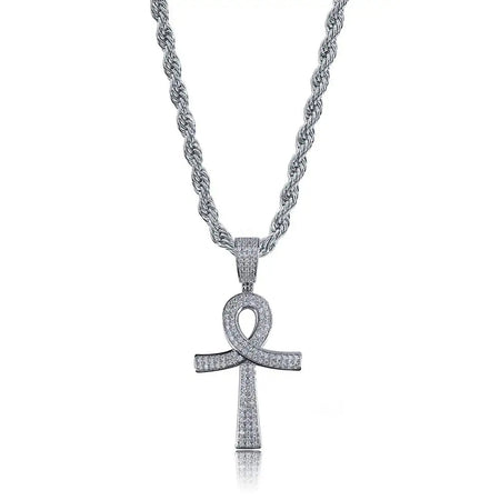 Collier pendentif Croix de Vie Ankh zircon argent chaîne corde 60 cm
