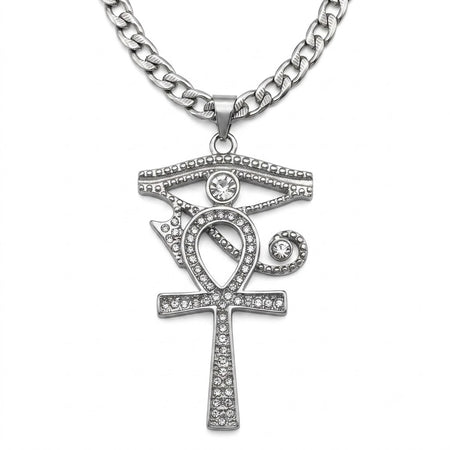 Collier pendentif Croix de Vie Ankh Oudjat strass argent sur fond blanc