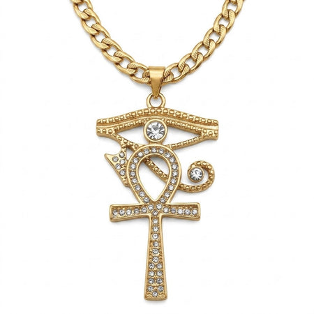 Collier pendentif Croix de Vie Ankh Oudjat strass or sur fond blanc