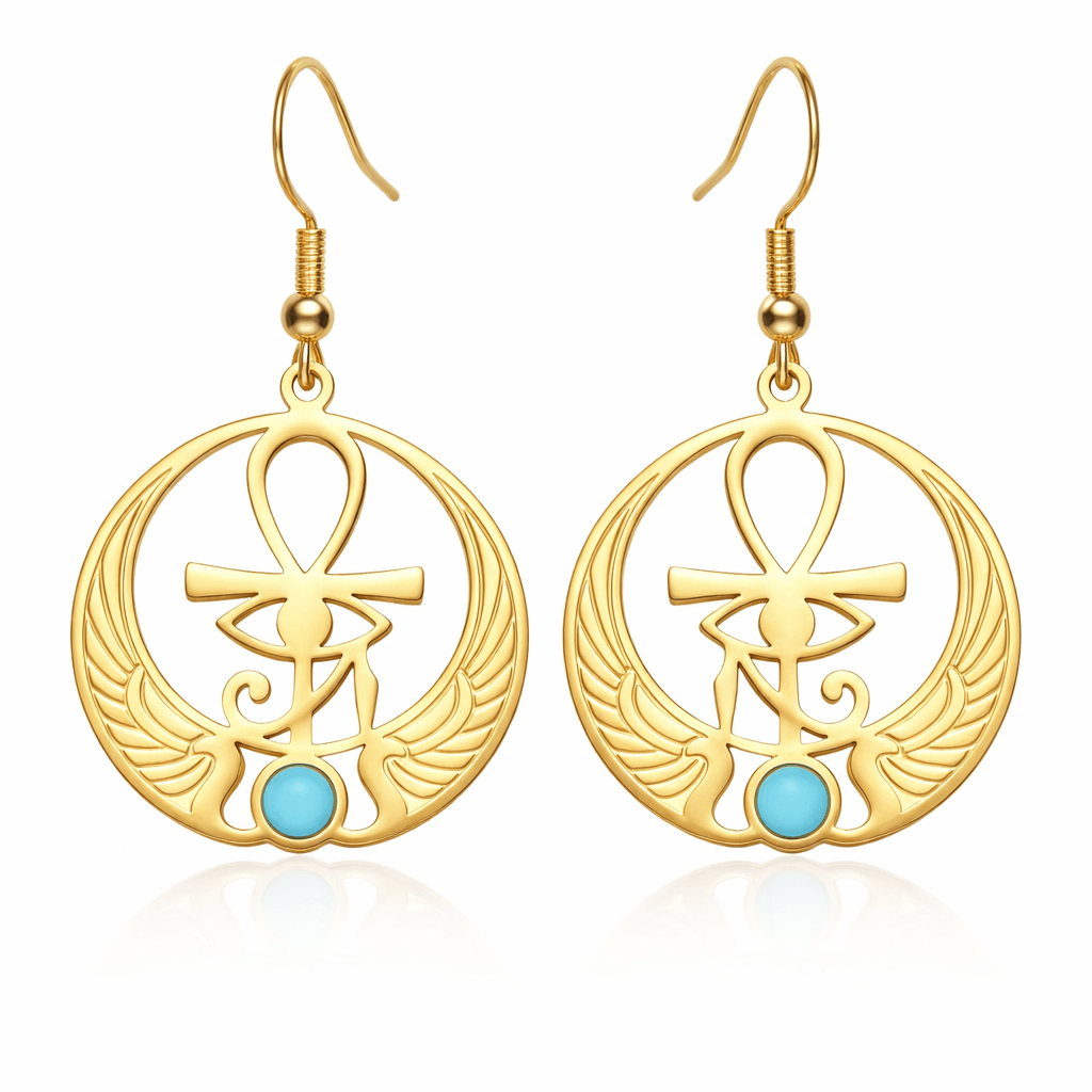 Boucles d'oreilles Croix de Vie Ankh ailes d'Horus or