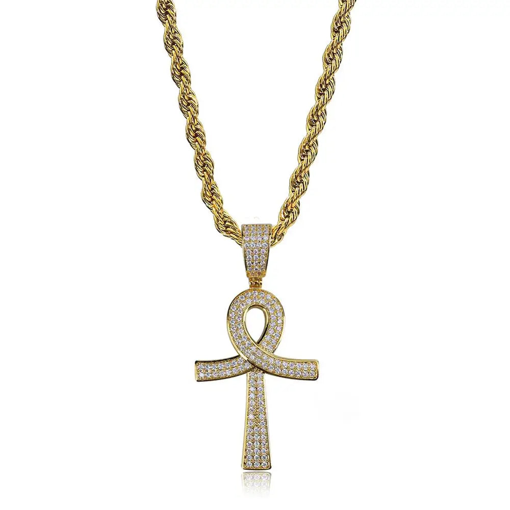 Collier pendentif Croix de Vie Ankh zircon or chaîne corde 60 cm