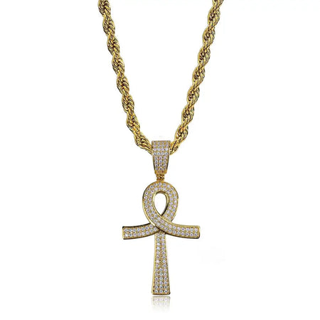 Collier pendentif Croix de Vie Ankh zircon or chaîne corde 60 cm