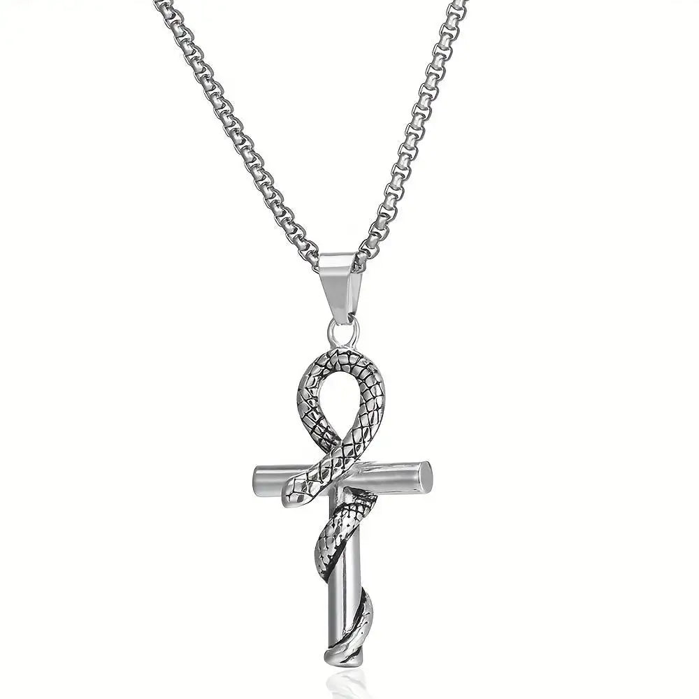 Collier pendentif Croix de Vie Ankh Serpent argent
