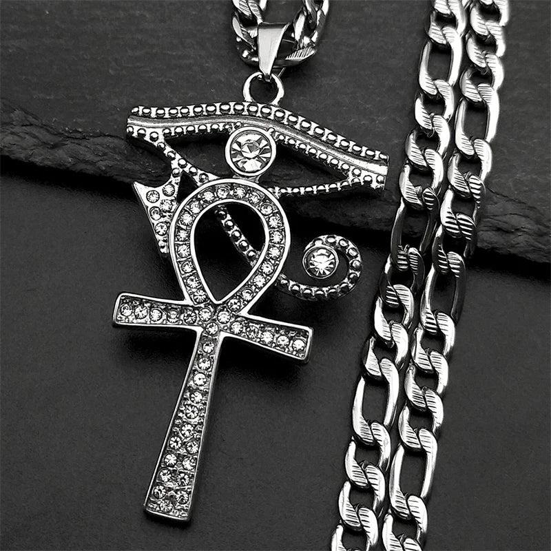 Collier pendentif Croix de Vie Ankh Oudjat strass argent sur ardoise noire