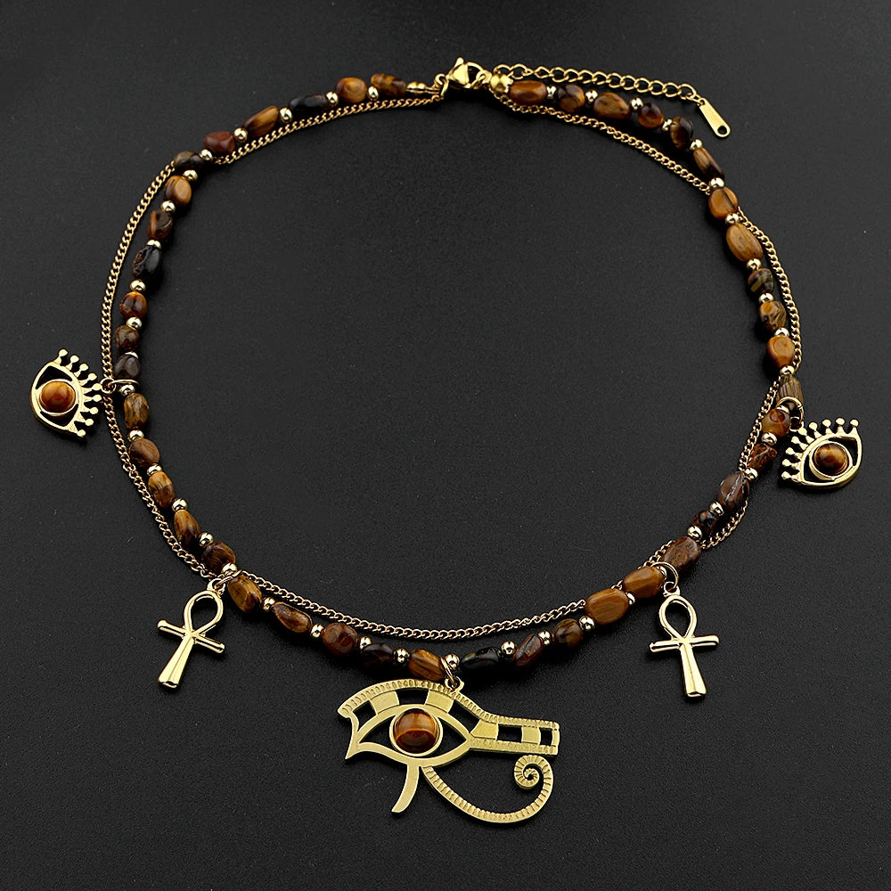 Collier pendentif Croix de Vie Ankh Horus œil de tigre or, vue d'ensemble