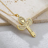 Collier pendentif Croix de Vie Ankh Isis ailée or sur travertin
