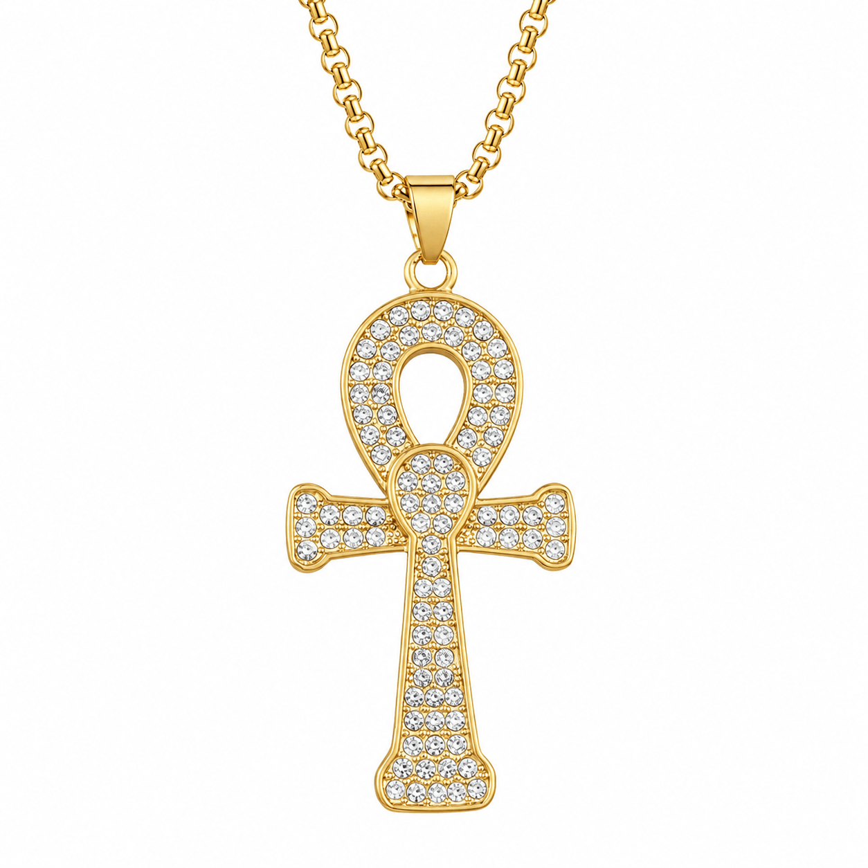 Collier pendentif Croix de Vie Ankh strass or