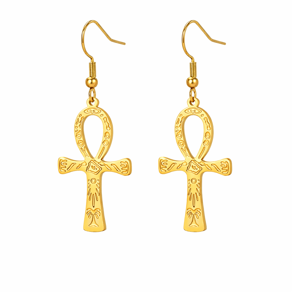 Boucles d'oreilles Croix de Vie Ankh gravées or