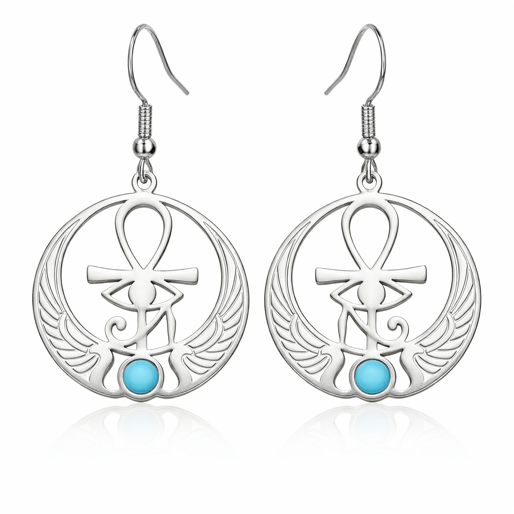 Boucles d'oreilles Croix de Vie Ankh ailes d'Horus argent