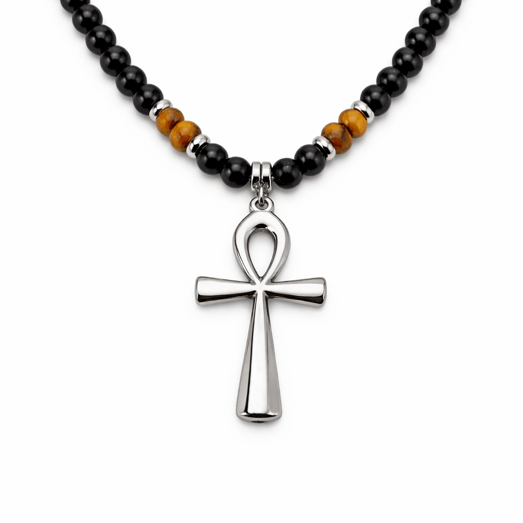 Collier perles avec pendentif Croix de Vie Ankh argent