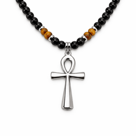 Collier perles avec pendentif Croix de Vie Ankh argent