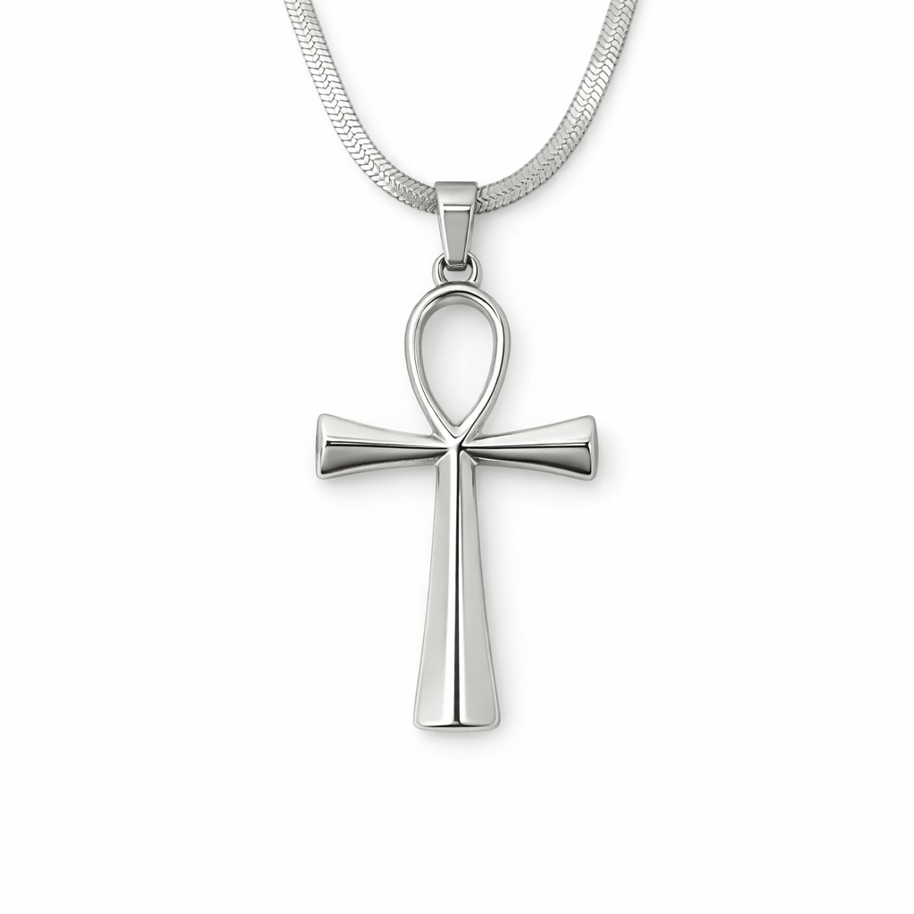 Collier pendentif Croix de Vie Ankh chaîne lame acier argent