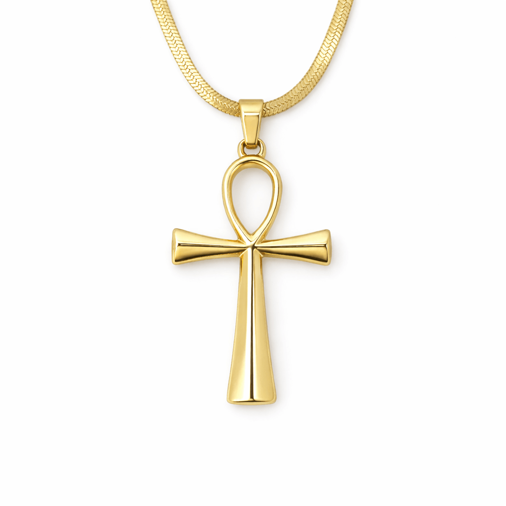 Collier pendentif Croix de Vie Ankh chaîne lame acier or