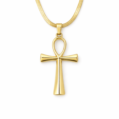 Collier pendentif Croix de Vie Ankh chaîne lame acier or