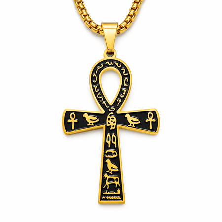 Collier pendentif Croix de Vie Ankh Hiéroglyphe noir or