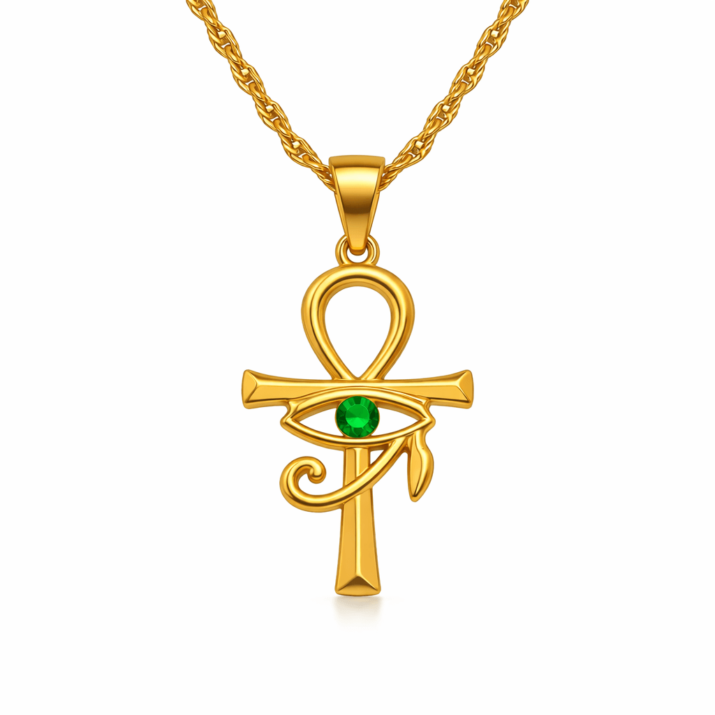 Collier pendentif Croix de Vie Ankh Horus or cristal vert
