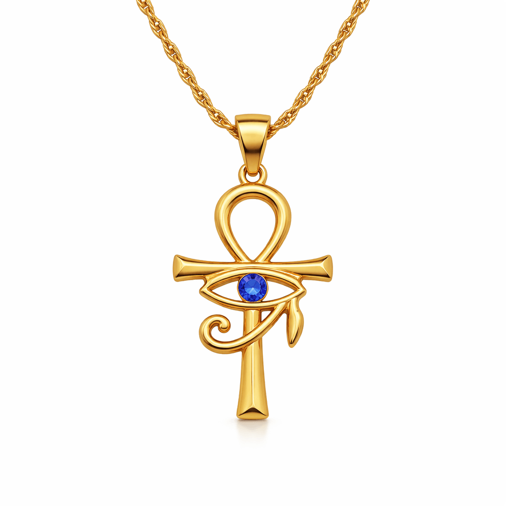 Collier pendentif Croix de Vie Ankh Horus or cristal bleu