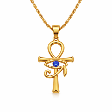 Collier pendentif Croix de Vie Ankh Horus or cristal bleu