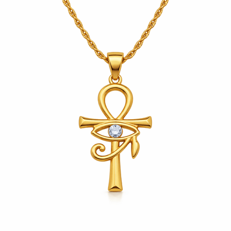 Collier pendentif Croix de Vie Ankh Horus or cristal de roche