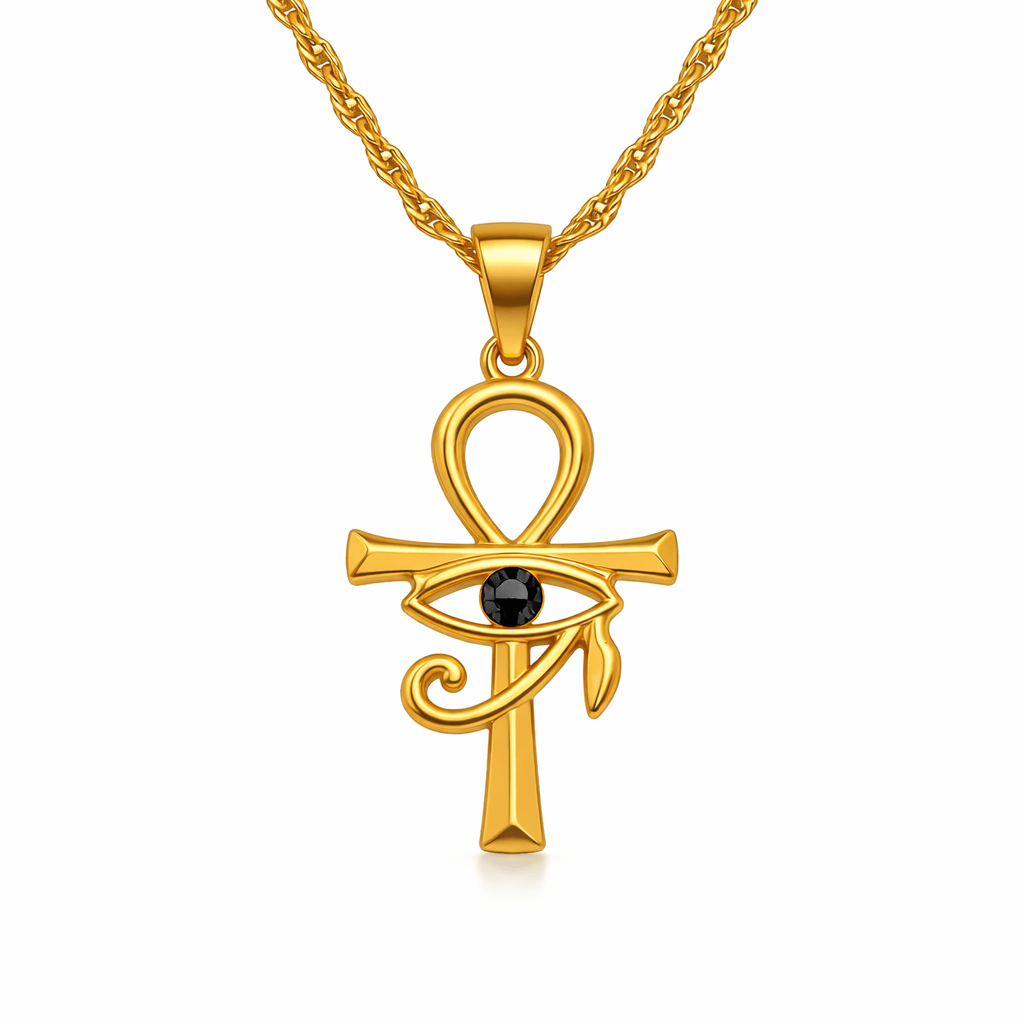 Collier pendentif Croix de Vie Ankh Horus or cristal noir