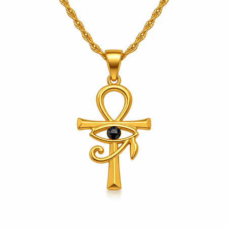 Collier pendentif Croix de Vie Ankh Horus or cristal noir