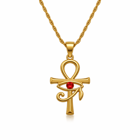 Collier pendentif Croix de Vie Ankh Horus or pierre rouge