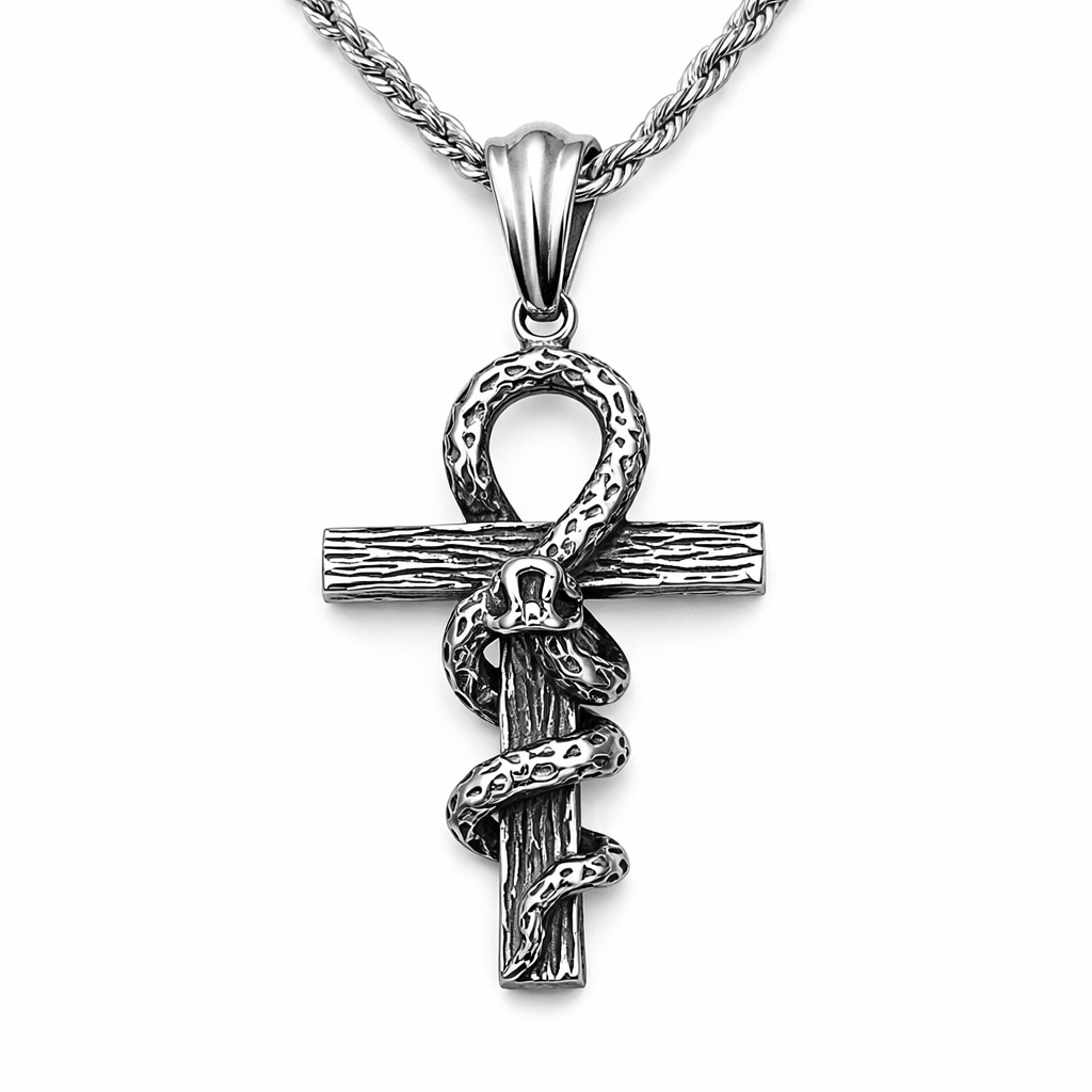 Collier pendentif Croix de Vie Ankh Serpent acier argent