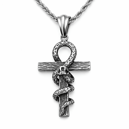 Collier pendentif Croix de Vie Ankh Serpent acier argent