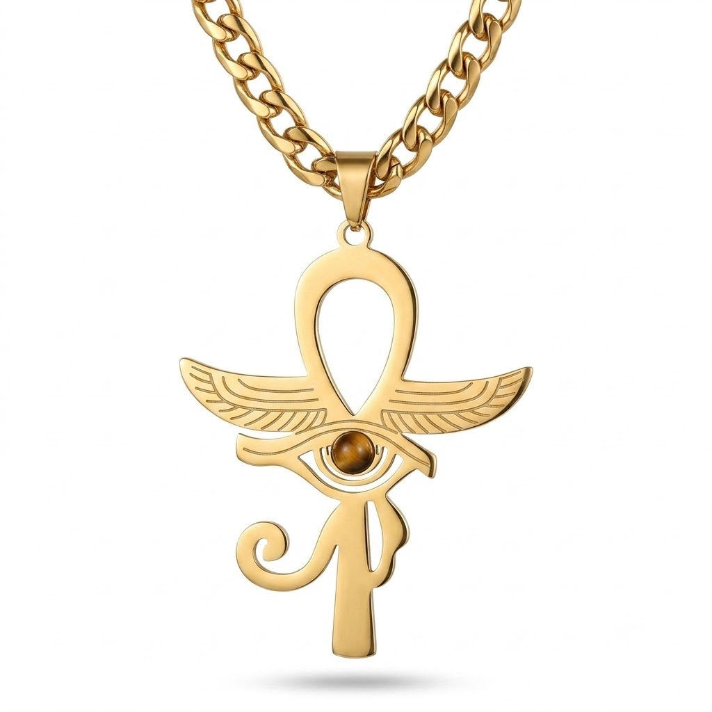 Collier pendentif Croix de Vie Ankh œil de tigre or sur fond blanc