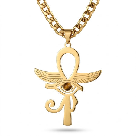 Collier pendentif Croix de Vie Ankh œil de tigre or sur fond blanc