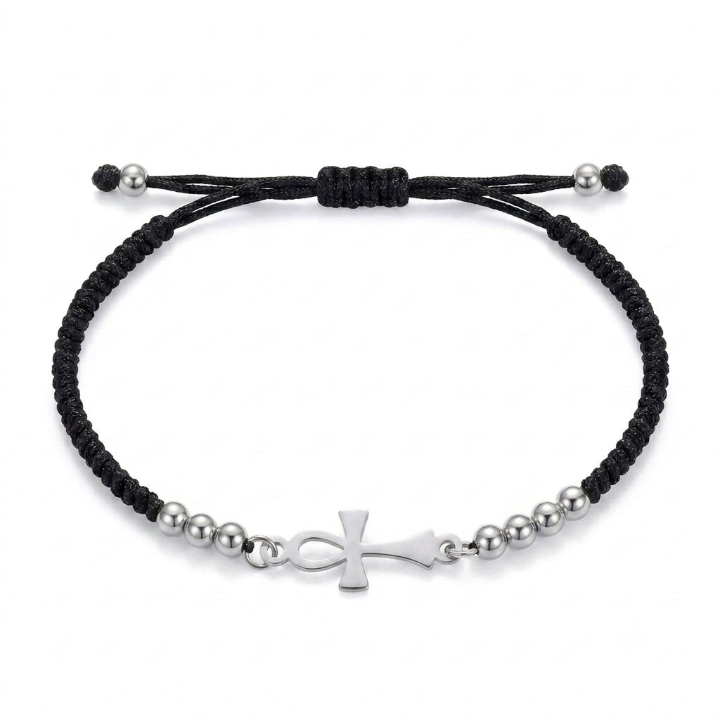 Bracelet Croix de Vie Ankh argent cordon noir sur fond blanc