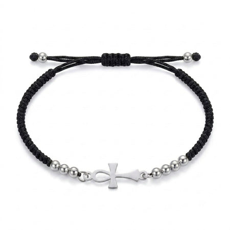 Bracelet Croix de Vie Ankh argent cordon noir sur fond blanc