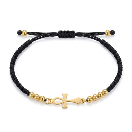 Bracelet Croix de Vie Ankh or cordon noir sur fond blanc