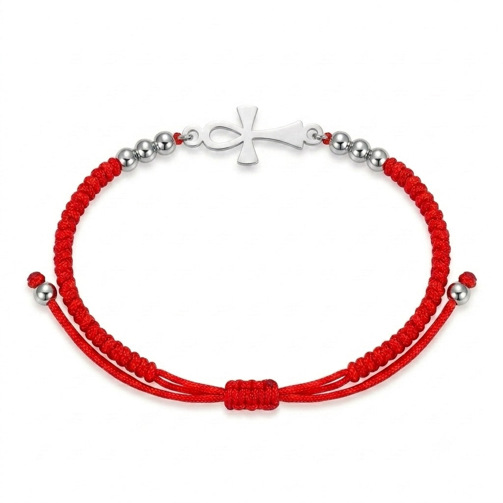 Bracelet Croix de Vie Ankh cordon rouge argent sur fond blanc