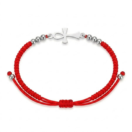 Bracelet Croix de Vie Ankh cordon rouge argent sur fond blanc