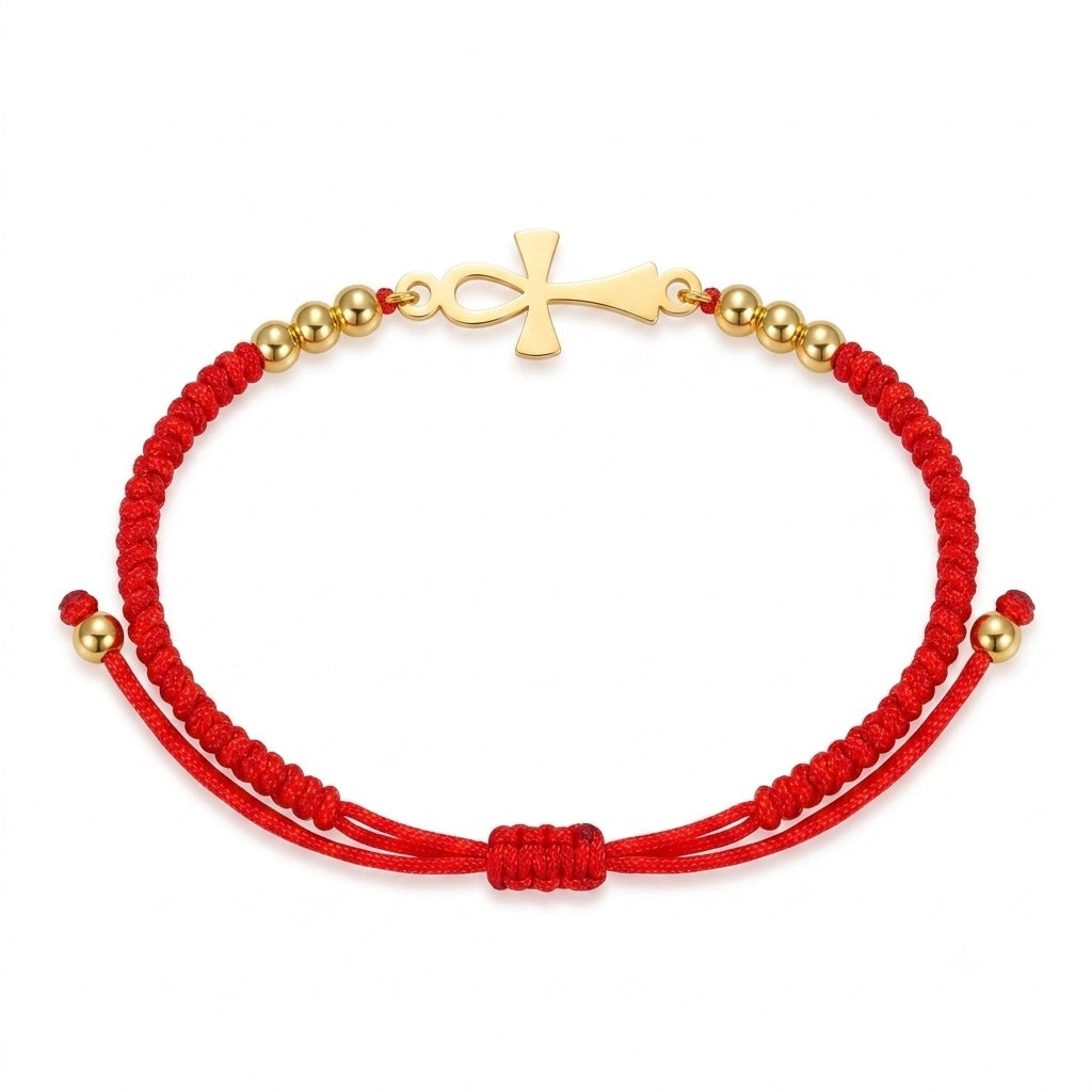Bracelet Croix de Vie Ankh cordon rouge or sur fond blanc