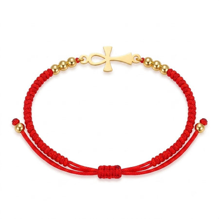 Bracelet Croix de Vie Ankh cordon rouge or sur fond blanc