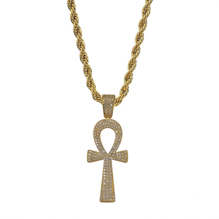 Collier pendentif Croix de Vie Ankh pavé or sur fond blanc