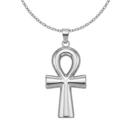 Grand collier pendentif Croix de Vie Ankh argent sur fond blanc