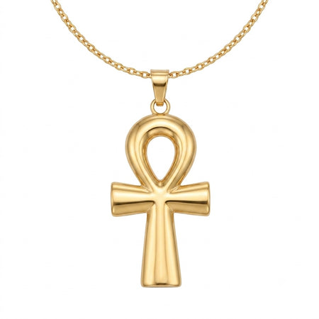 Grand collier pendentif Croix de Vie Ankh or sur fond blanc