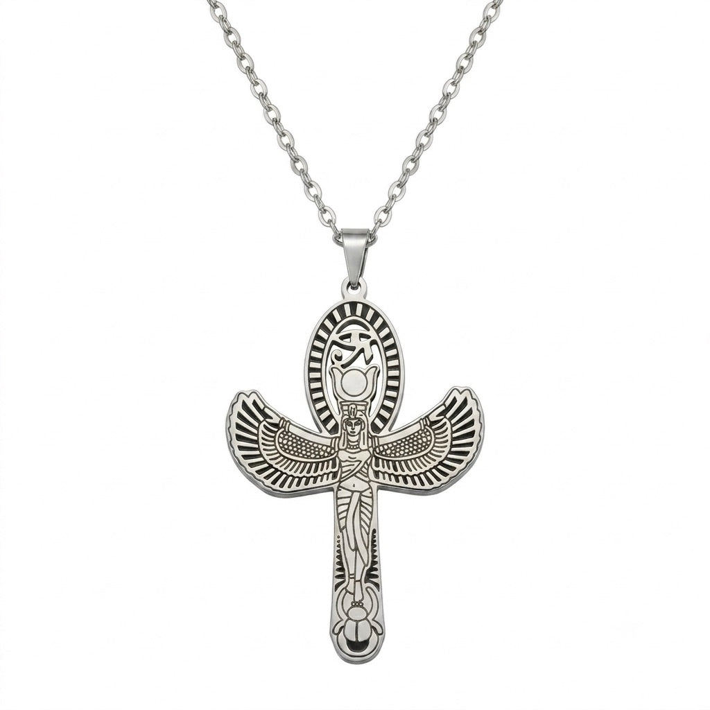 Collier pendentif Croix de Vie Ankh Isis ailée argent sur fond blanc