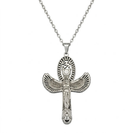 Collier pendentif Croix de Vie Ankh Isis ailée argent sur fond blanc