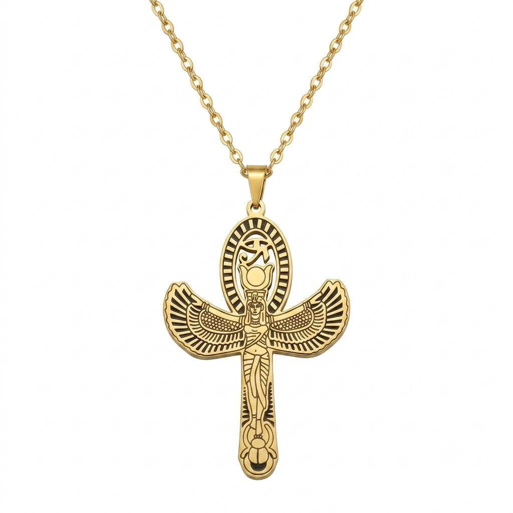 Collier pendentif Croix de Vie Ankh Isis ailée or sur fond blanc