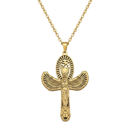 Collier pendentif Croix de Vie Ankh Isis ailée or sur fond blanc