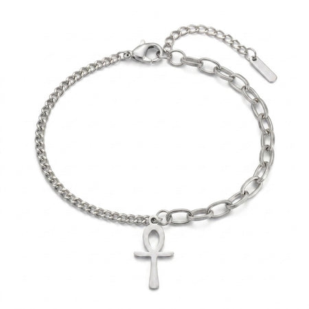 Bracelet Croix de Vie Ankh maillons argent sur fond blanc