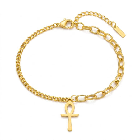Bracelet Croix de Vie Ankh maillons or sur fond blanc