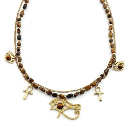 Collier pendentif Croix de Vie Ankh Horus œil de tigre or sur fond blanc