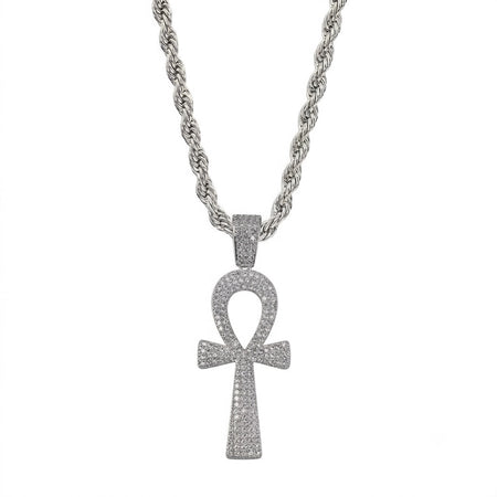 Collier pendentif Croix de Vie Ankh pavé argent sur fond blanc